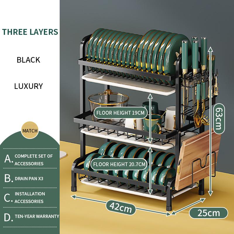 Suport pentru ustensile de bucătărie cu 3 niveluri Suport pentru uscare vase Boluri Bețișoare Placă de tăiat Raft de depozitare Veselă din oțel inoxidabil Scurgere
