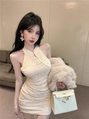 New Chinese Stand-up Collar Neck Sleeveless Cheongsam Dress for Women, Small 150 High Waist and Thin Spice Girl Short Skirt