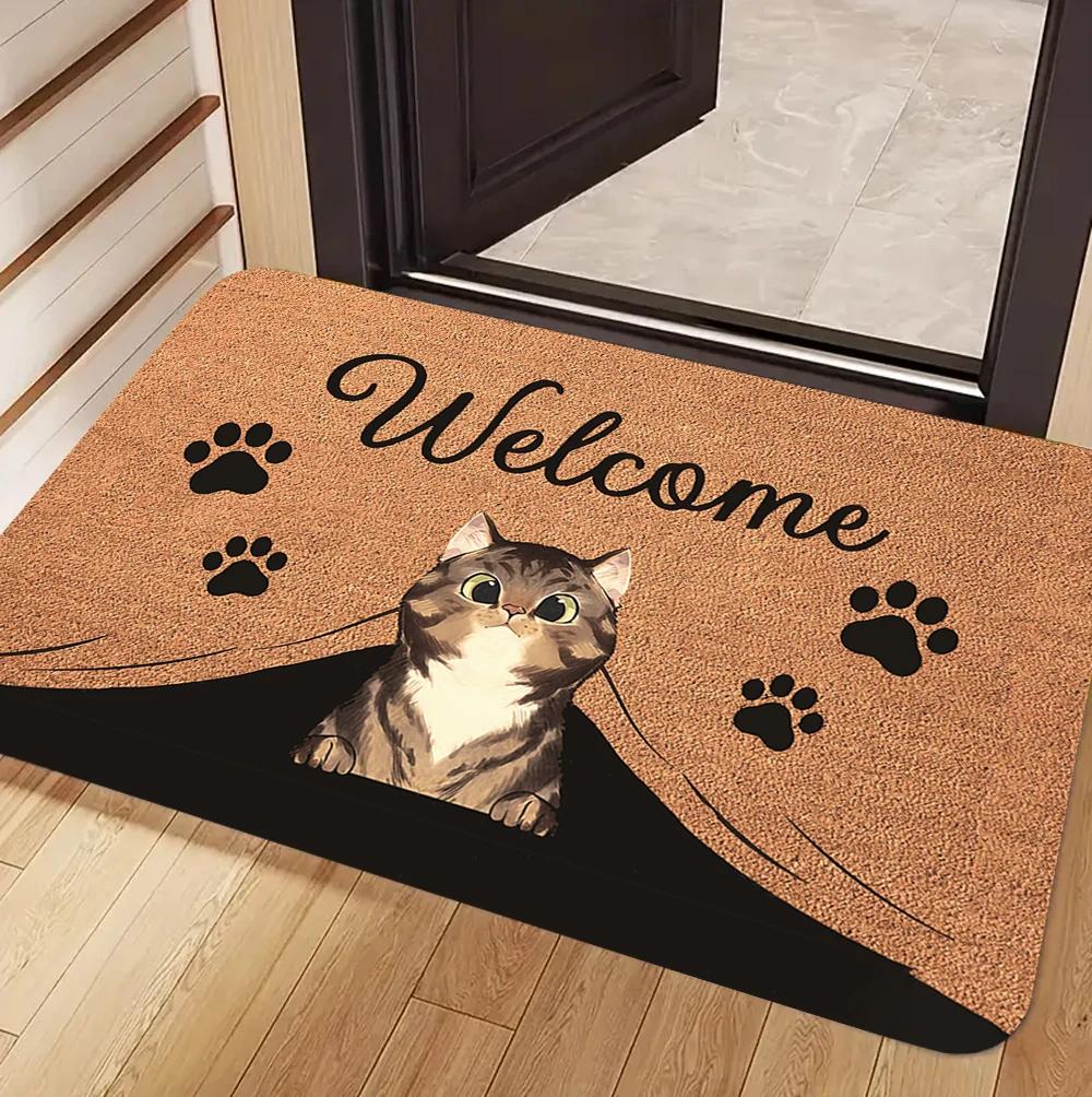 Welkom Zwarte Kat Pootafdruk Entree Deurmat Antislip Wasbaar Vuilvanger Vlekbestendig Vloermat voor Kattenliefhebbers 30x50cm