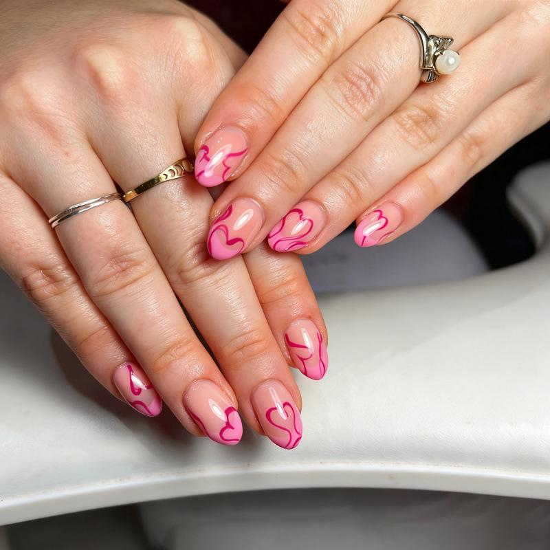 30 Pink Valentine s Day French Oval Heart Nail Tips - Cute, High-End, Wearable