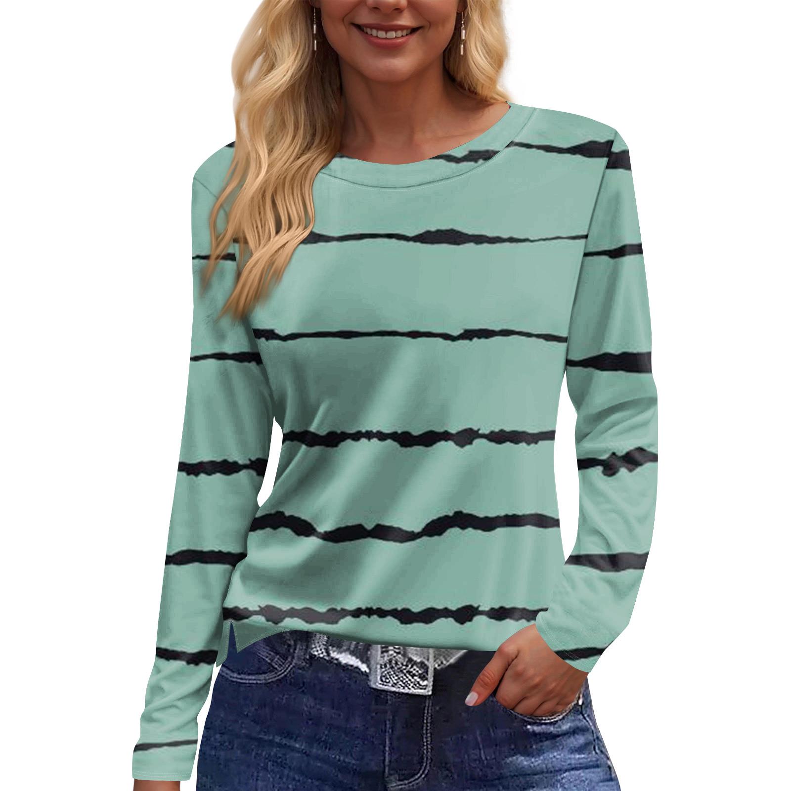 

Женский модный повседневный топ с разрезом по подолу, в полоску с принтом, с круглым вырезом и длинным рукавом XL зелёный