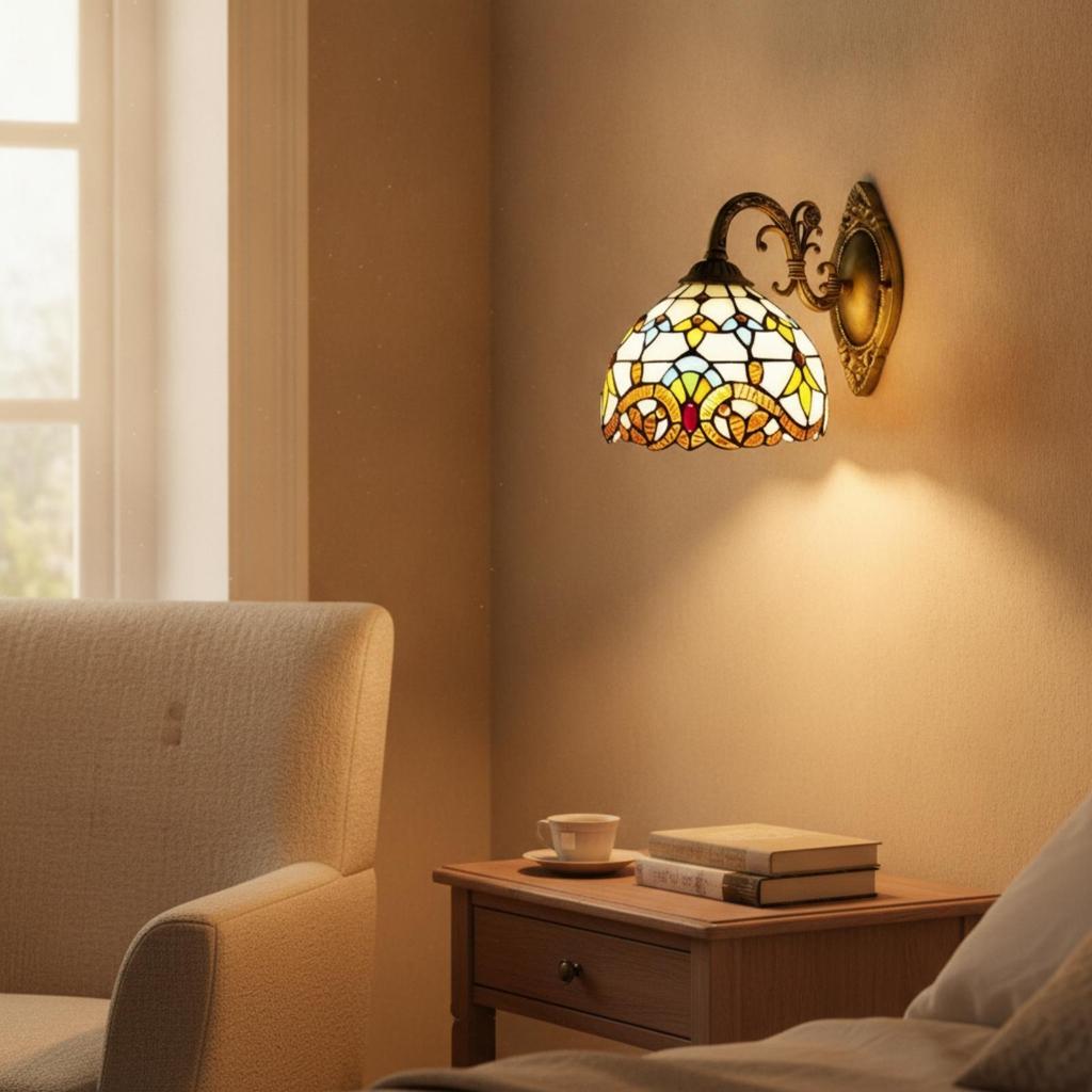 Sconce Lamp with Stained Glass Shade Classic Wall Compact