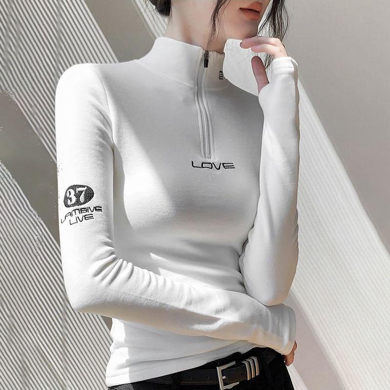 Women's Long-Sleeve T-Shirt Fall Sexy Slim Fit Stand Collar Zipper Double-Sided Fleece Base Shirt