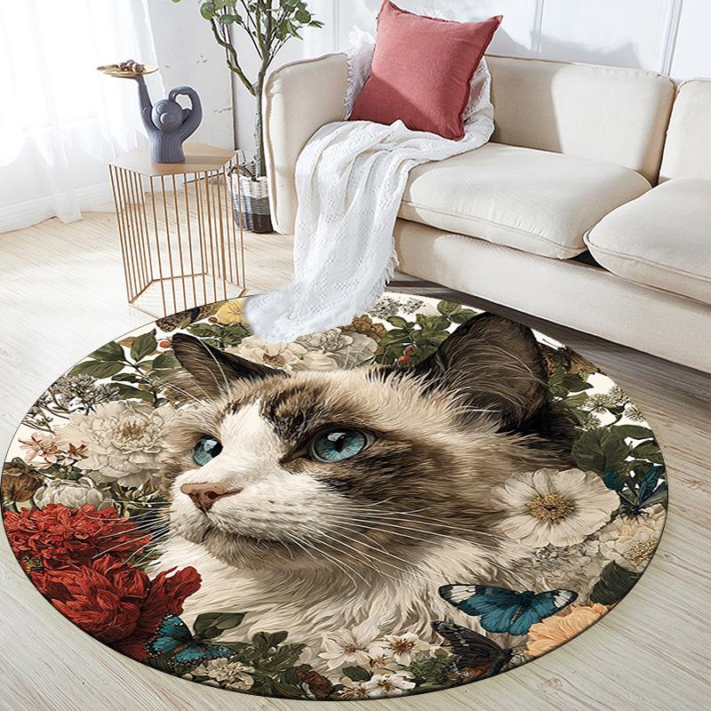 Cat in Flowers Round Area Rug,Carpet Rug for Living Room Bedroom Sofa Playroom Decor,Non-slip Floor Mat