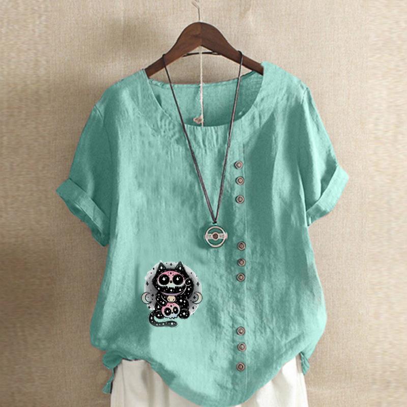 Women's Fashion Round Neck Short Sleeve T-shirt Casual Cotton Linen Graphic Shirt Cartoon Characters Prined Summer Blouse Tops Plus Size