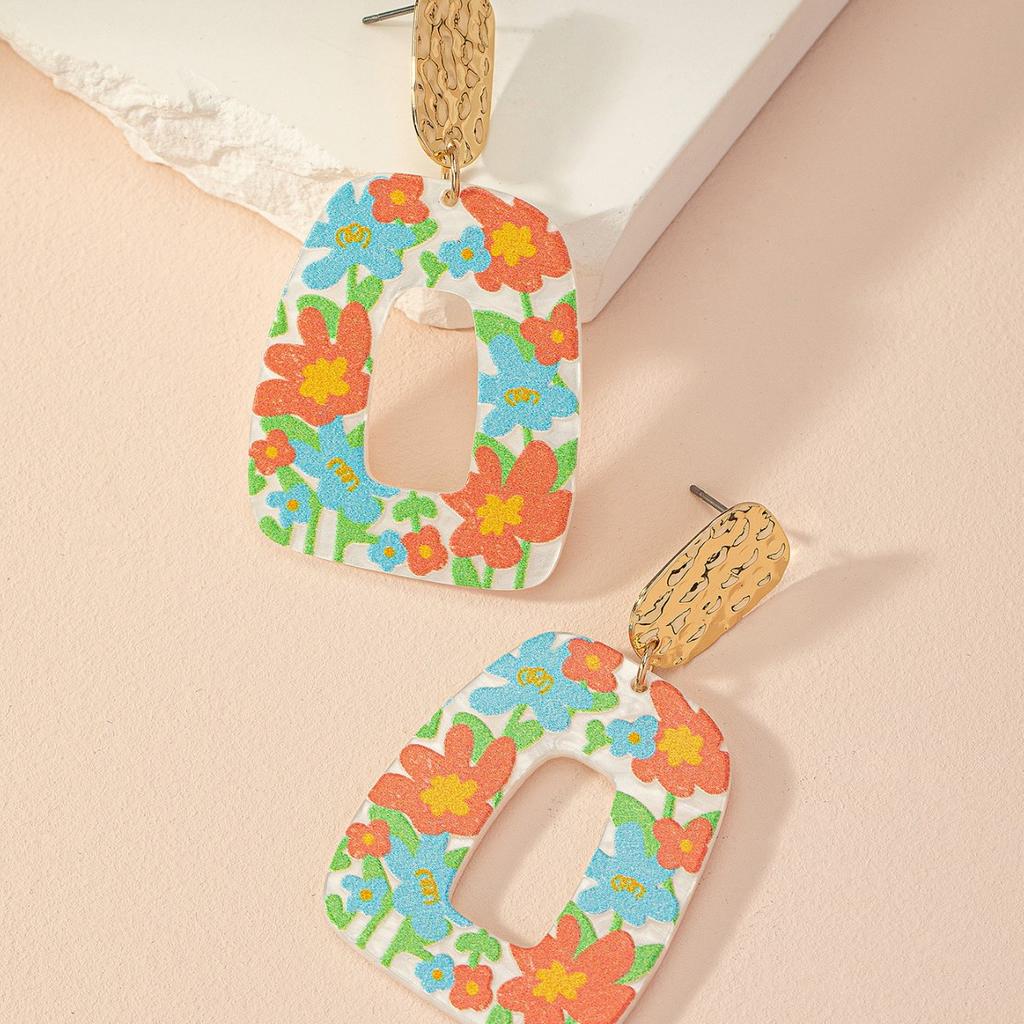 Acrylic fashion hollow simple geometric earrings oil painting small flower small clear fresh air creative design sense