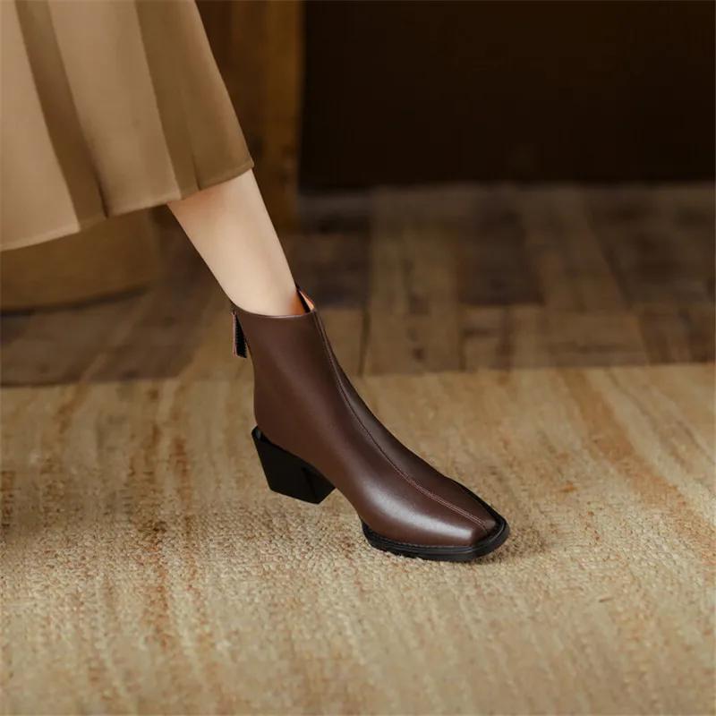 Fashion New Spring Split Leather Western Boots Square Toe Chunky Heel Boots for Women Winter Short Boots Concise Women Boot High Heels