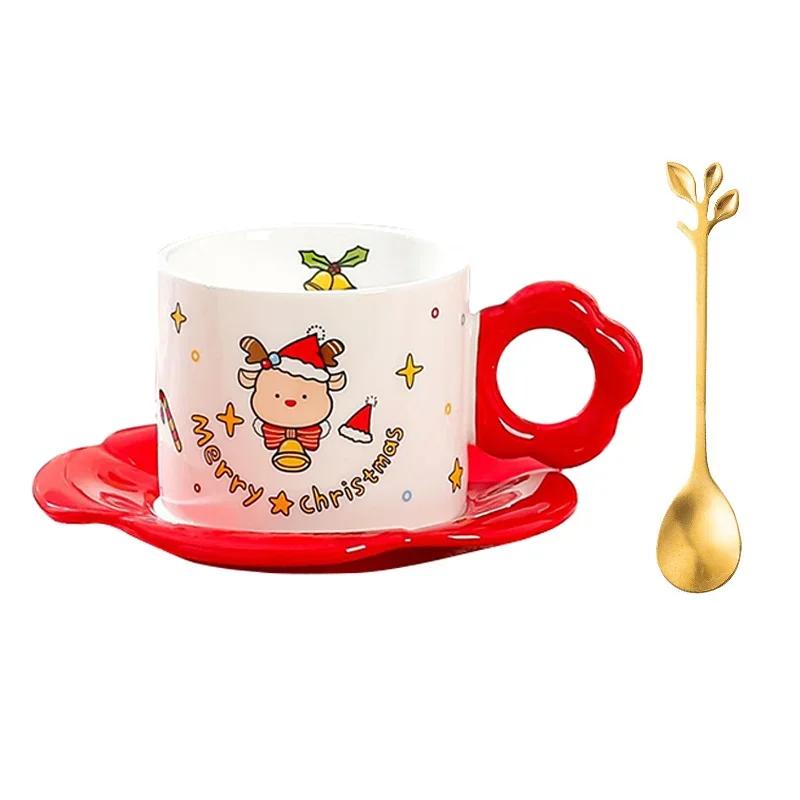 

1 комплект керамической чашки и блюдца с ложкой, рождественская тематическая мультяшная кофейная чашка, чашка для воды, напиток, молоко, подарочная коробка, упаковка 201-300ml