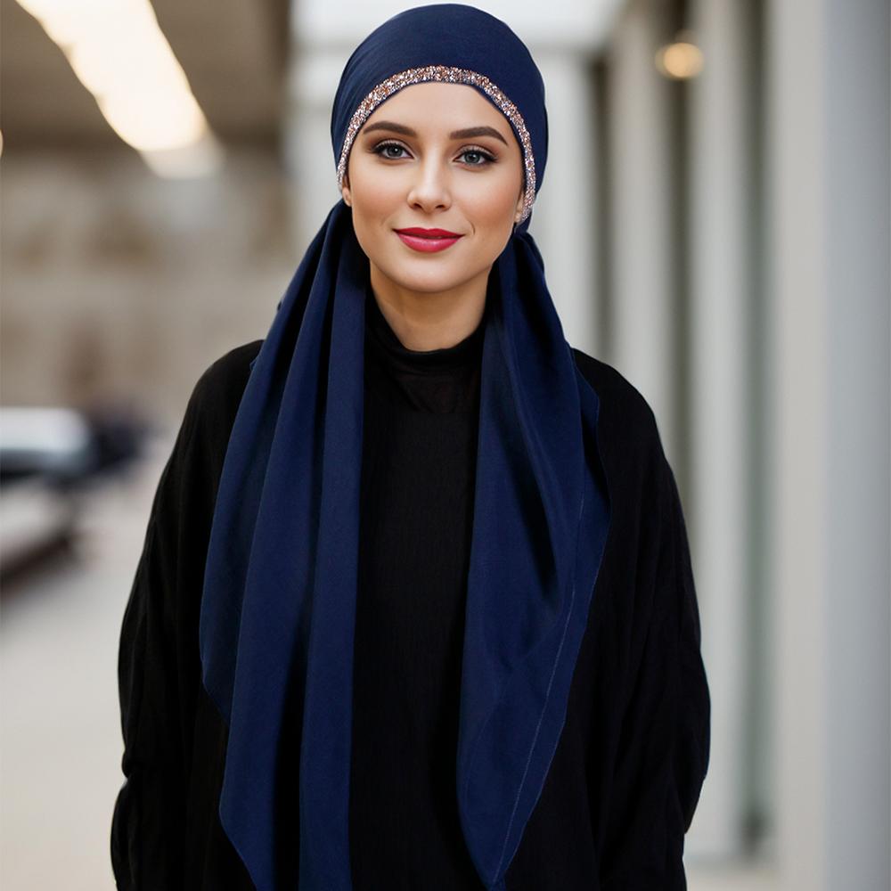Premium Diamond Cotton Elastic Headband Cap For Woman Muslim Hijab Hat Lady Fashion Instant Scarf Islamic Turban 75*25cm