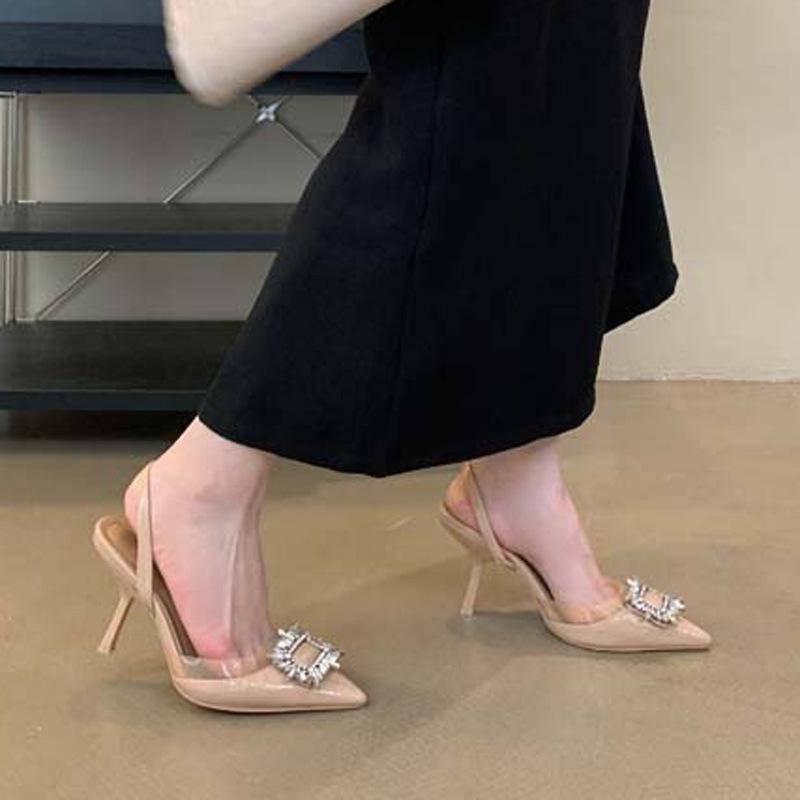 

Серебристые туфли на высоком каблуке, новинка начала весны, универсальные, на тонком каблуке, с острым носком, украшенные стразами и квадратной пряжкой с горным хрусталем, женские сандалии 40 абрикосовый