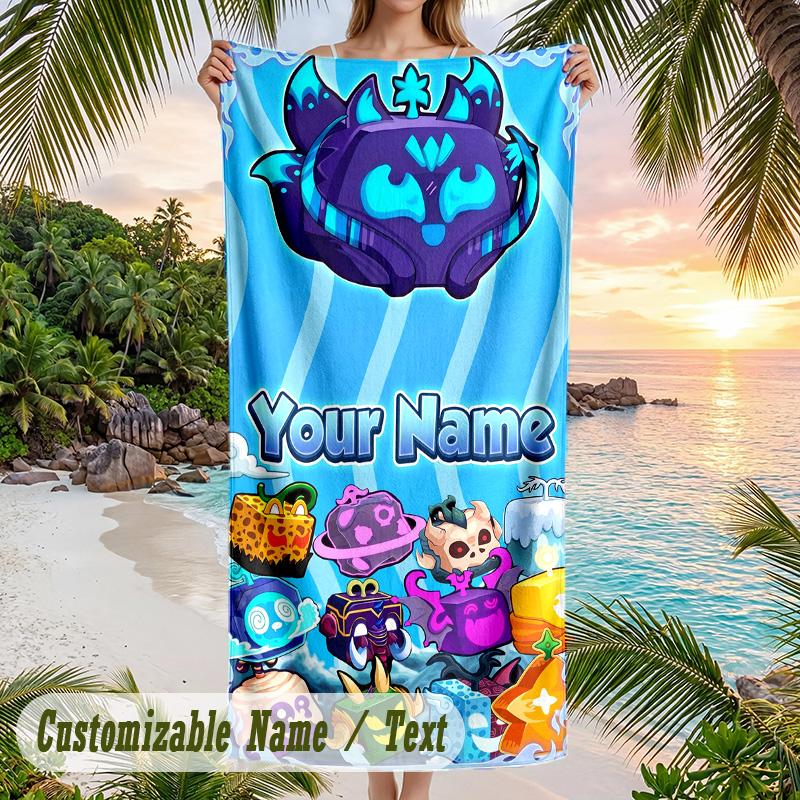 Blox Fruits Beach Towel, Personalized Custom Text, Quick Dry Soft Large Towel For Swimming Pool Travel