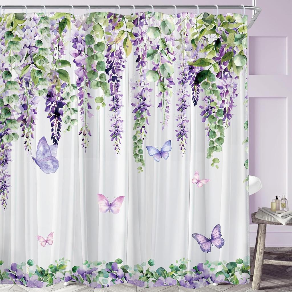 Purple Butterfly Lavender Shower Curtain, Rustic Spring Botanical Lilac Floral Decor with Hooks