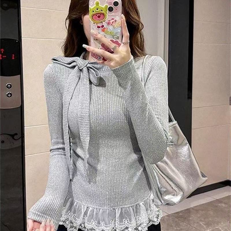 

Женская вязаная рубашка с лентой, однотонная, с кружевной отделкой, с длинным рукавом, базовая, свитера, весна, осень, облегающая, стройнящая, женская, корейский стиль, топ XL серый