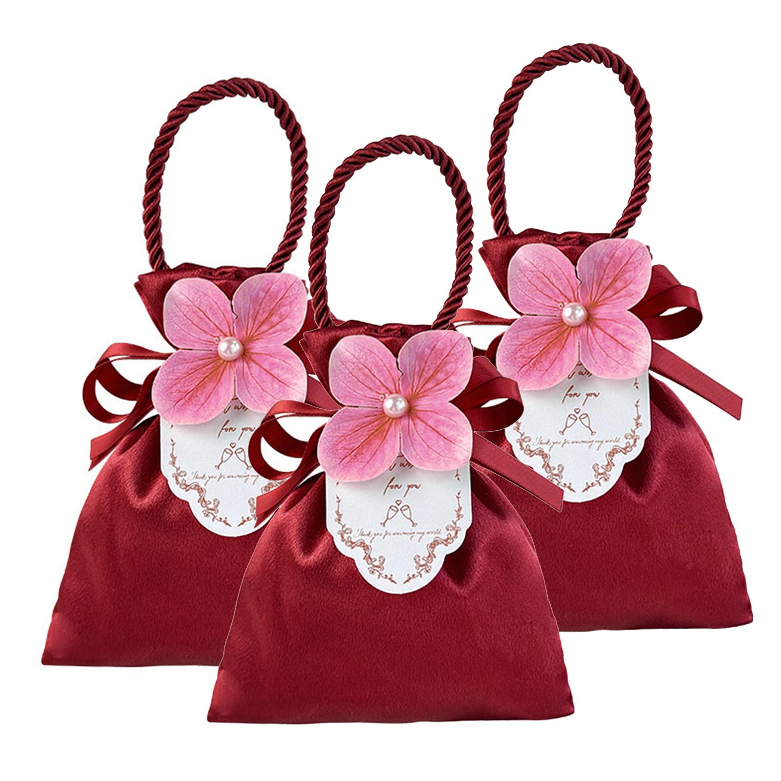 

3pcs Candies Box Solid-Color Satins Drawstring Bag Flower Bridesmaid Present Candies Bag,Portable Candys Packaging Box As Shown