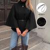 Women S Black Wool Blend Cape Coat Stand Collar Long Sleeve Loose Elegant