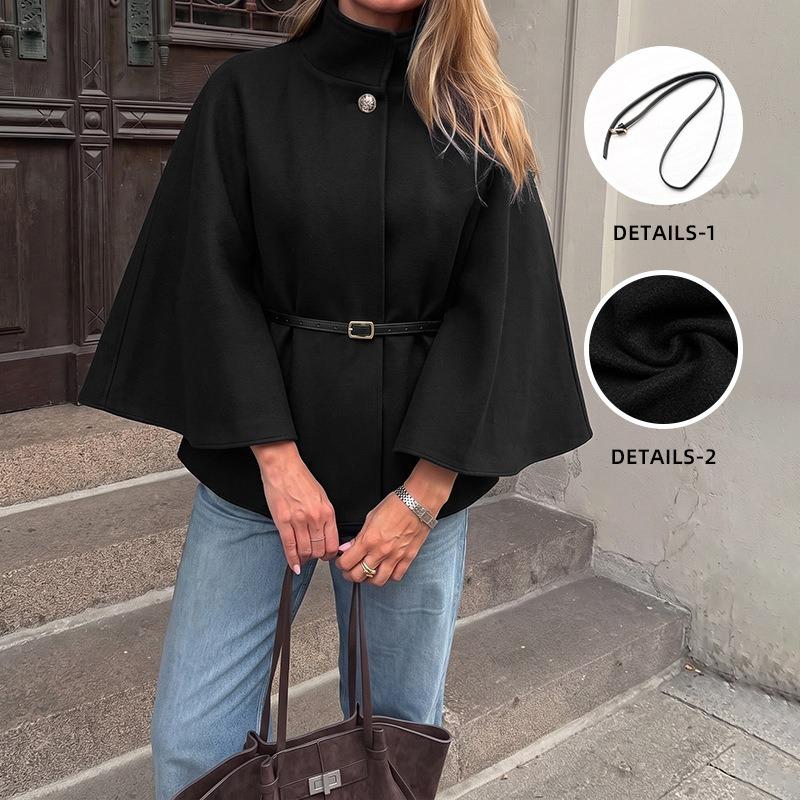 Women S Black Wool Blend Cape Coat Stand Collar Long Sleeve Loose Elegant