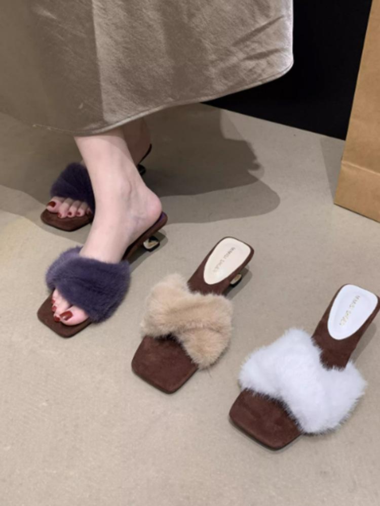 High heels French temperament purple fluffy slippers women's outer wear 2025 new autumn one-word plush cotton slippers