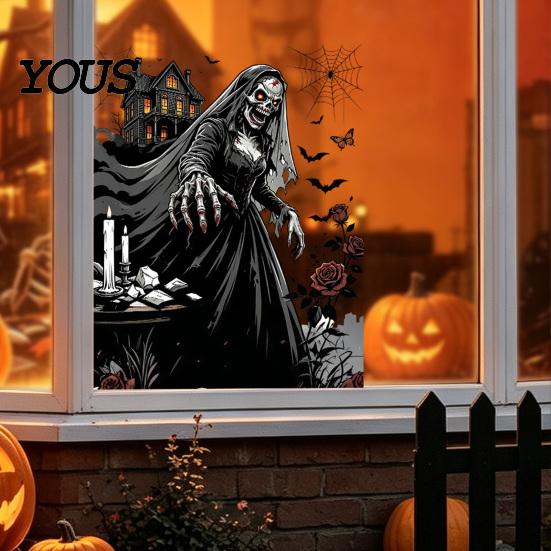 Easy Peel Window Graphics Halloween Spooky Bat Static Clings, Ghost House Glass Stickers, Adhesive-Free Beautification Sets Waterproof Decals for Bar