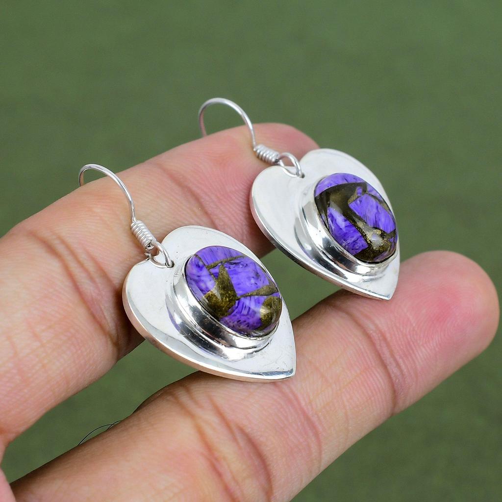 Copper Charoite Earring 925 Sterling Silver Earring Handmade Earring Natural Gemstone Earrings Charoite Jewelry Drop Earring Engagement Gift