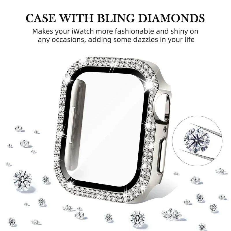 Bling Glass+Cover For Apple Watch Case 44 45mm 41mm 40 42mm 44mm Diamond bumper+Screen Protector for Series 11 10 9 8 7 5 6 SE