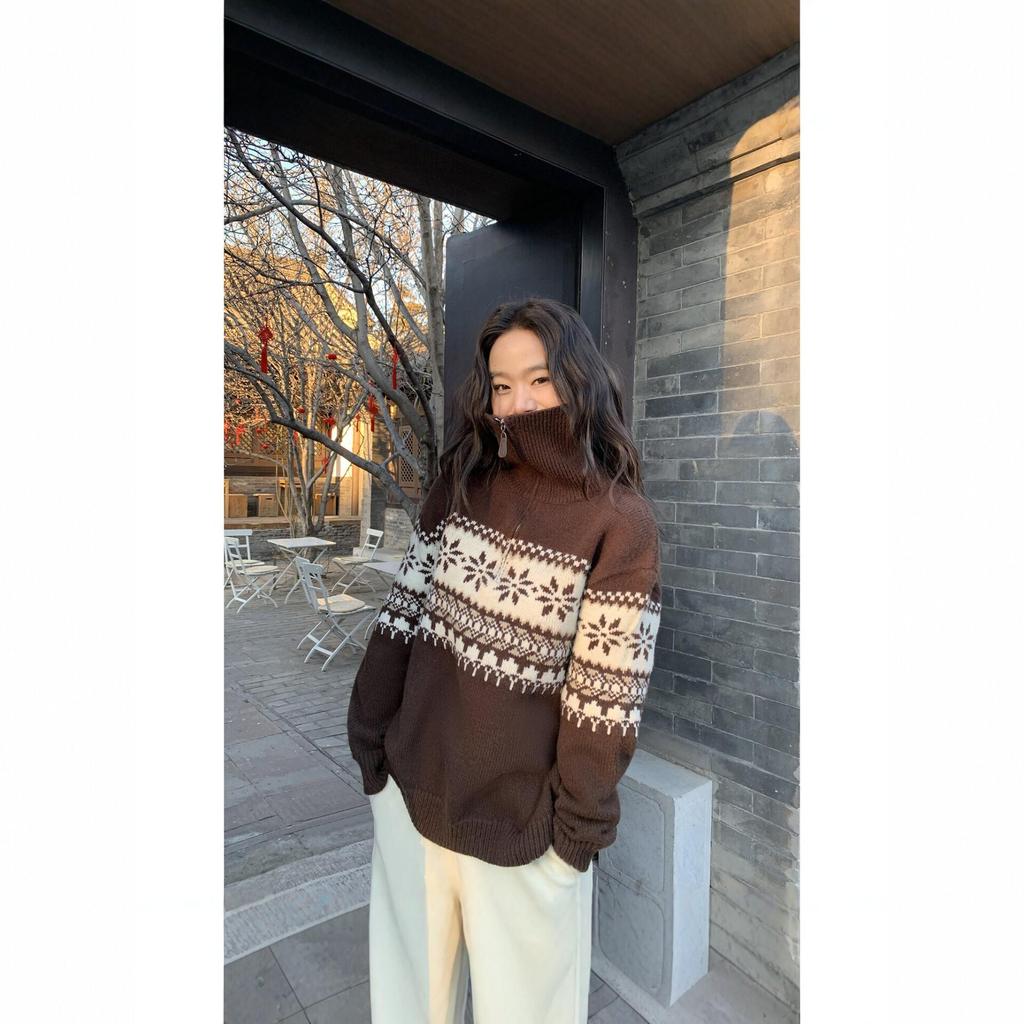 Women's Retro Fair Isle High-Neck Half-Zip Sweater Pullover | 2026 Autumn/Winter Collection | Trendy, Loose Jacquard Knit Top