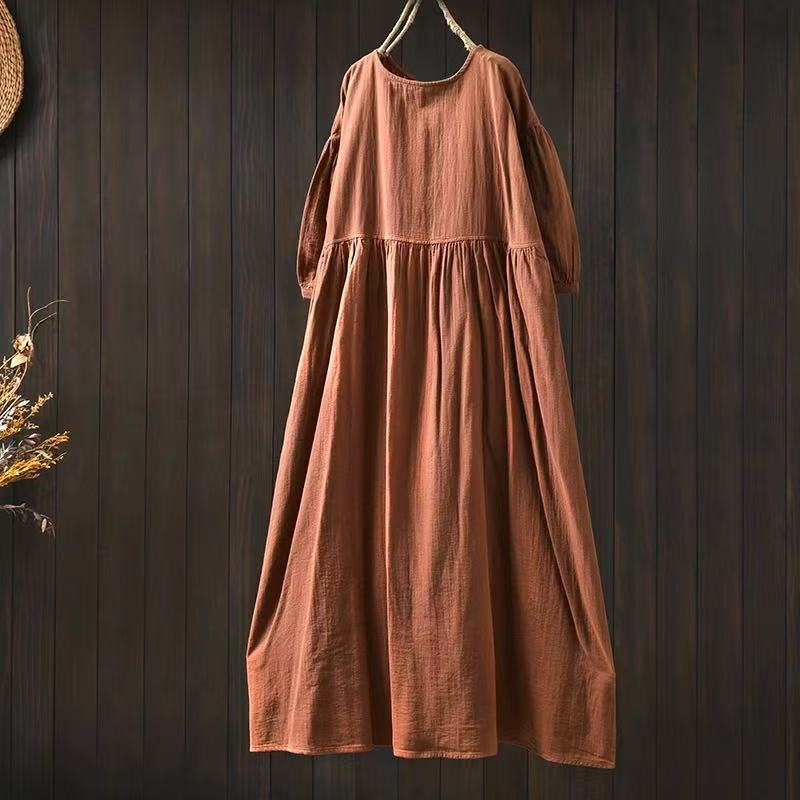 Johnature Women Vintage Dresses O-Neck Half Sleeve Soft Solid Color Summer Casual A-Line Female Dress