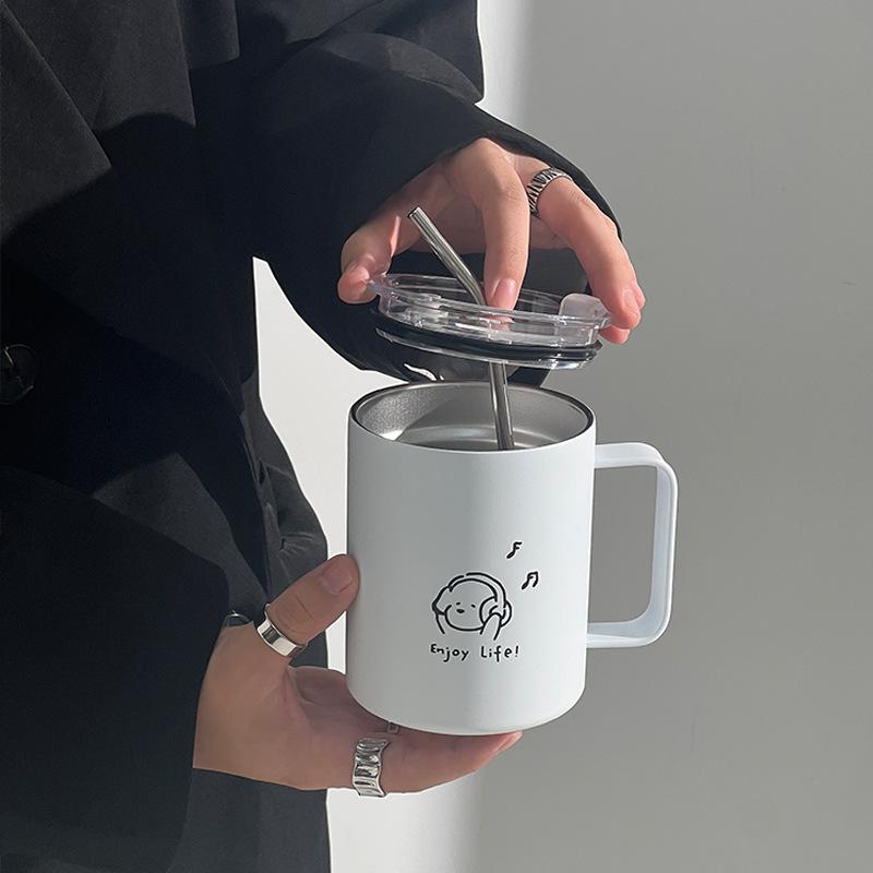 New High Appearance Level Double-layer Stainless Steel Cup Music Dog Office Straw Cup Student Female Water Cup Home Thermos Cup