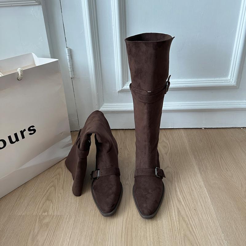 

Vintage Thick Heels Women Knee High Boots Fashion Autumn Winter Pointed Toe Stripper Party Long Booties De Mujer 35