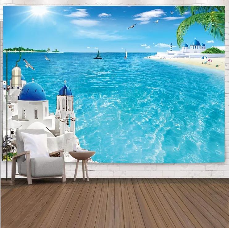 VIKAMA Tropical Beach Landscape Tapestry Summer Coconut Grove Waves Fresh Vacation Style Living Room Room Decoration