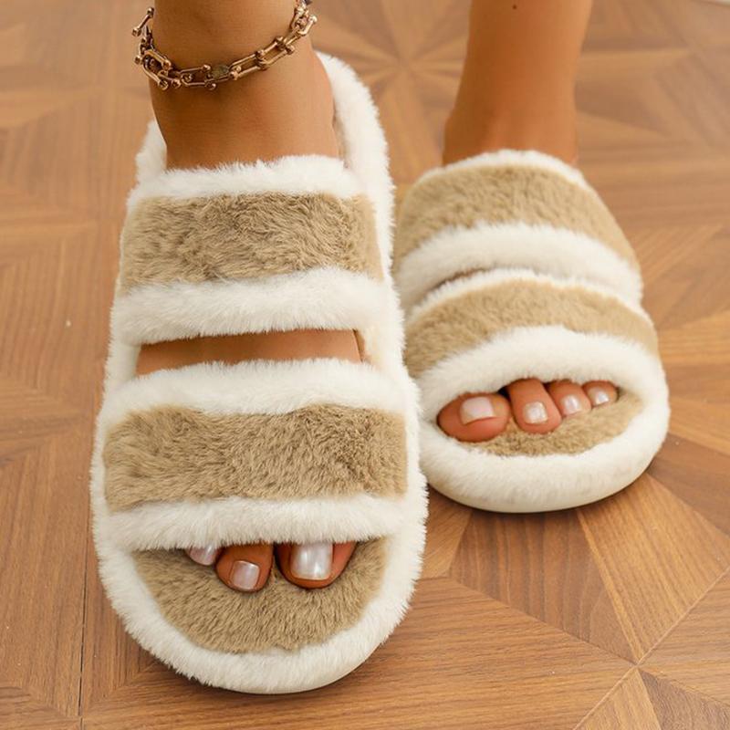 Fashion Indoor Furry Warm House Slippers Women Chic Mix Color Cotton Slides Woman Autumn Winter Open Toe Non Slip Plush Slippers Ladies