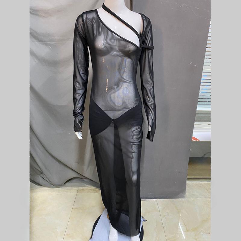 Evropské a americké dámské jarní dlouhorukávové průsvitné síťované šaty s vysokým pasem, sexy a pikantní dívčí dlouhé šaty