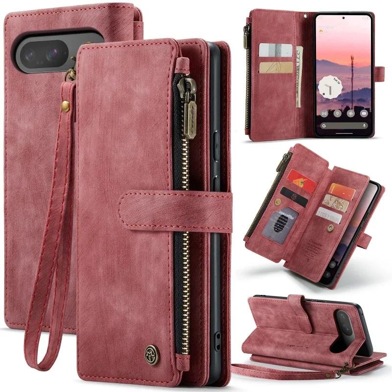 Zipper Leather Flip Phone Case for Google Pixel 10 9 Pro XL 9A 8 8A 7A 5G Pixel10 Pixel9A Wallet Lanyard Card Purse Cover Etui
