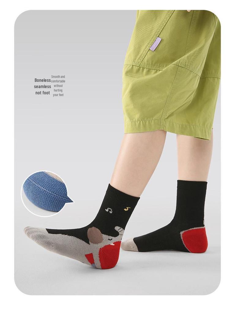 Kids' Seamless Cartoon Animal Color Block Mid-Calf Cotton Socks for Autumn & Winter Sports