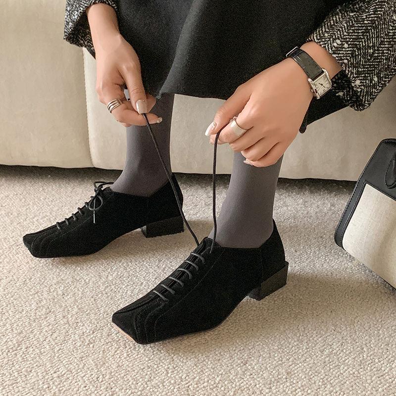 Fashion 2025 NEW Spring Women Pumps Kid Suede Women Shoes Square Toe Chunk Heel Handmade Genuine Leather Ladies Shoes Mules