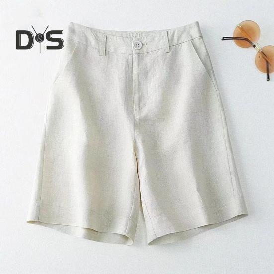 Pantaloni scurți pentru femei cu talie înaltă, cu fermoar, cu nasturi, pantaloni scurți casual, cu buzunare, culoare uni, pantaloni scurți până la genunchi.