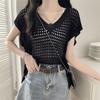 Hollow V-neck Ice Silk Knitted Shirt Short Sleeved T-shirt Women's Thin Collarbone Top Winter Year Sun Protection Cover