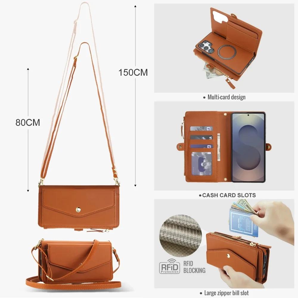 Crossbody Detachable Magnetic Wallet Card Holder Phone Cover For Samsung Galaxy S25 Ultra S24 Plus S23 A16 A36 A56 A55 A35 A15