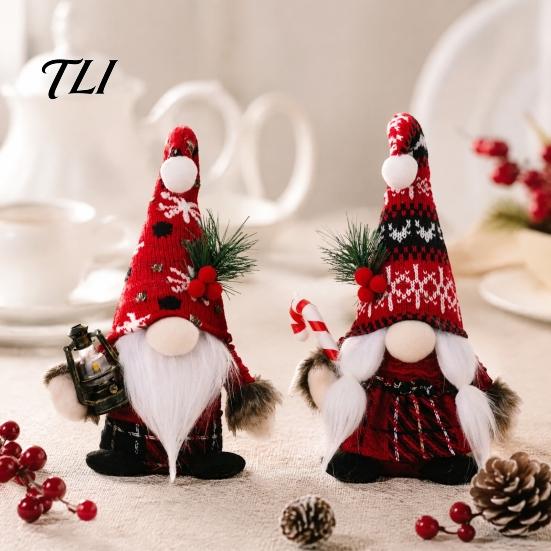 Cute Christmas Souvenirs Plush Gnome Decoration, Nordic Xmas Scandinavian Tomte Elf with Beard Pine Tree Branch for Desk Shelf Fireplace Winter