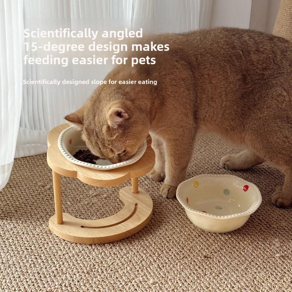 Anti Slip Ceramic Cat Bowl 15 Degree Inclined Flower Elevated Cat Water Bowl Wooden Stand Elevated Cat Feeding Station