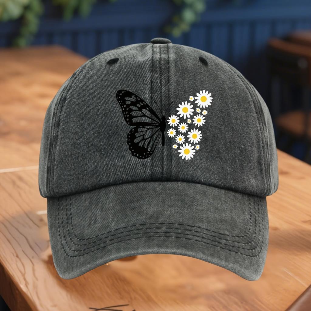 Ladies' adjustable baseball cap with butterfly and daisy floral print, soft, breathable, fashionable and casual headwear to wear