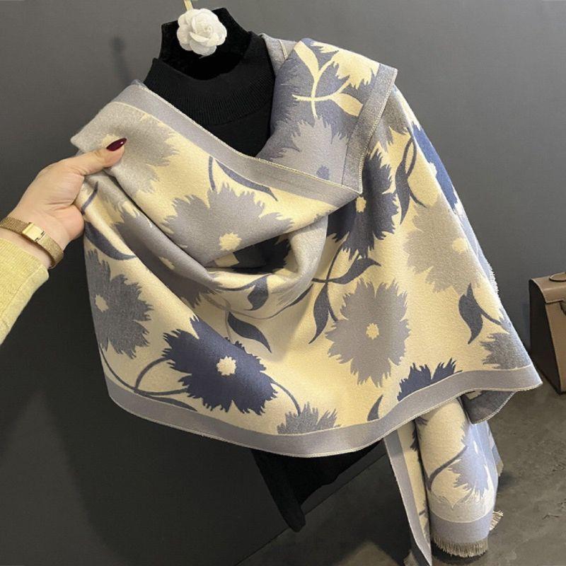 Sunflower Pattern Autumn and Winter New Imitation Cashmere Scarf for Women Warm and Thickened Versatile Long Shawl and Scarf