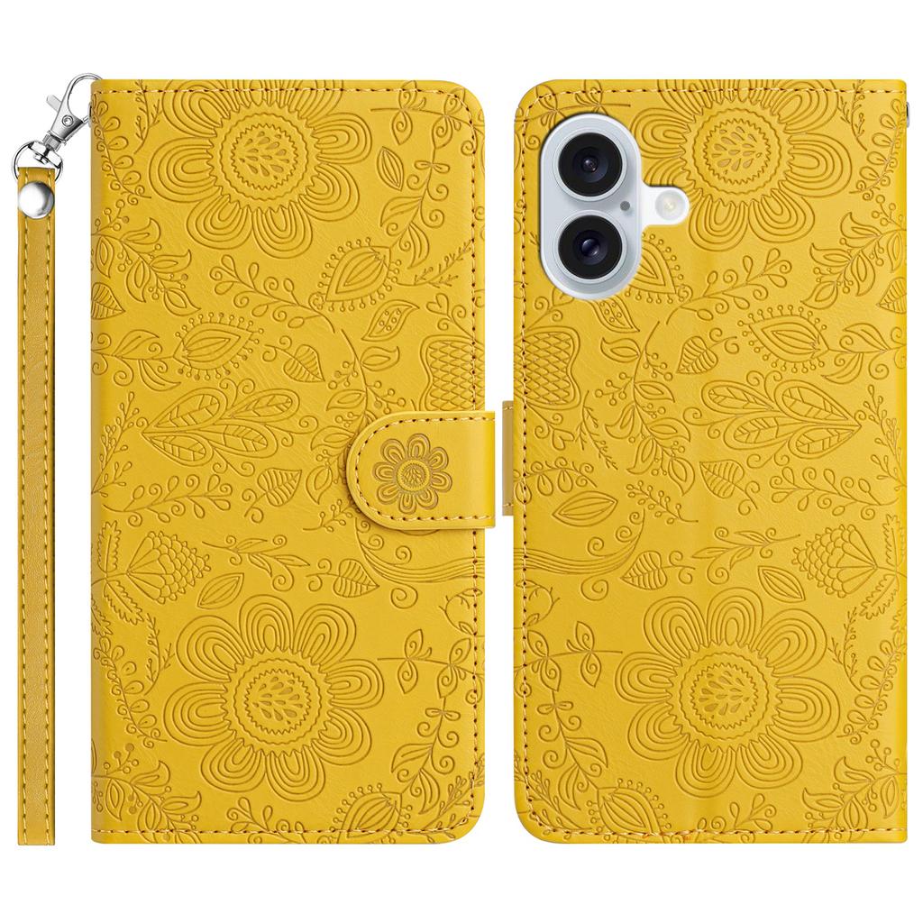 For iPhone 16 Plus Case Flower Imprint Leather Flip Wallet Phone Cover with Wrist Strap