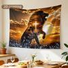 Powerful Lion Cross Tapestry Wall Hanging Christian Religious Spiritual Art Decor Polyester Print for Home Living Room Bedroom W