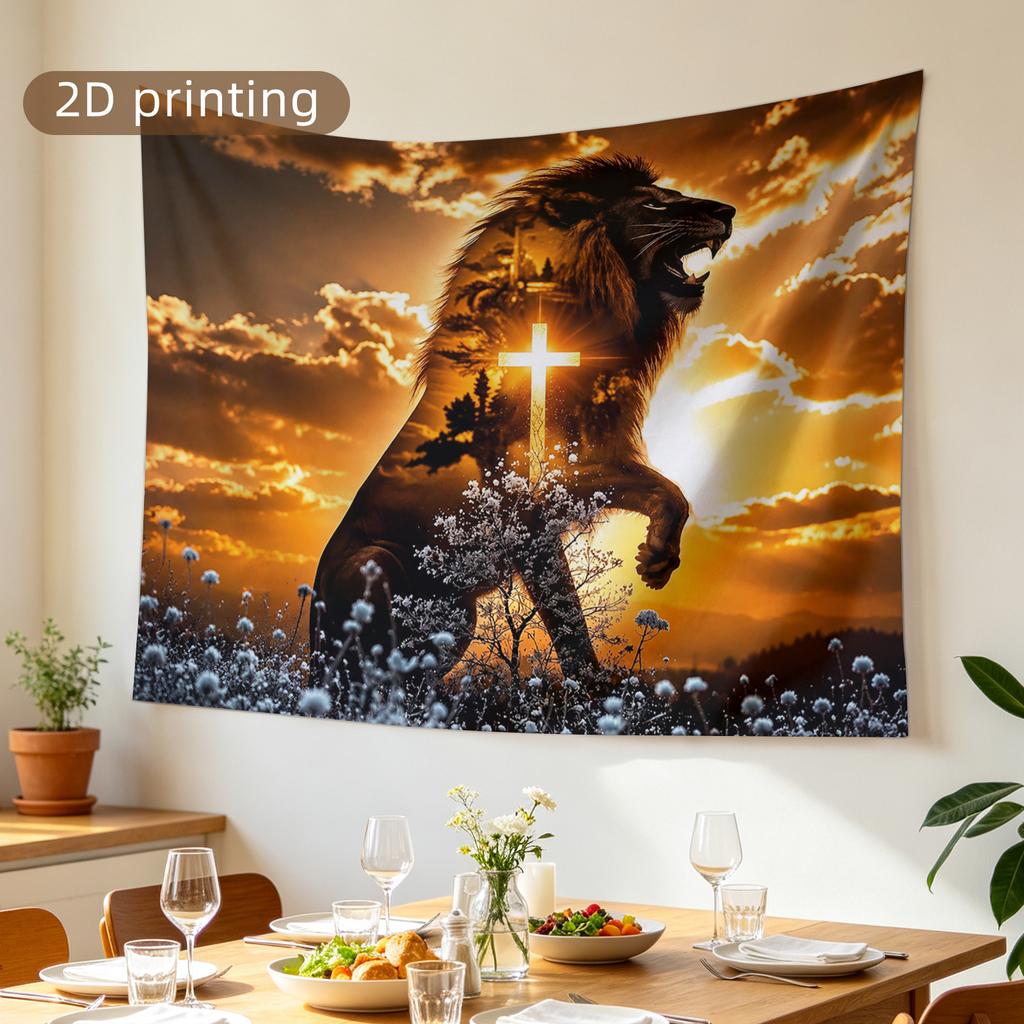 Powerful Lion Cross Tapestry Wall Hanging Christian Religious Spiritual Art Decor Polyester Print for Home Living Room Bedroom W
