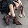 Johnature Pointed Toe Pumps Breathable Hollow Boot Genuine Leather Retro Mid Heel Women's Shoes