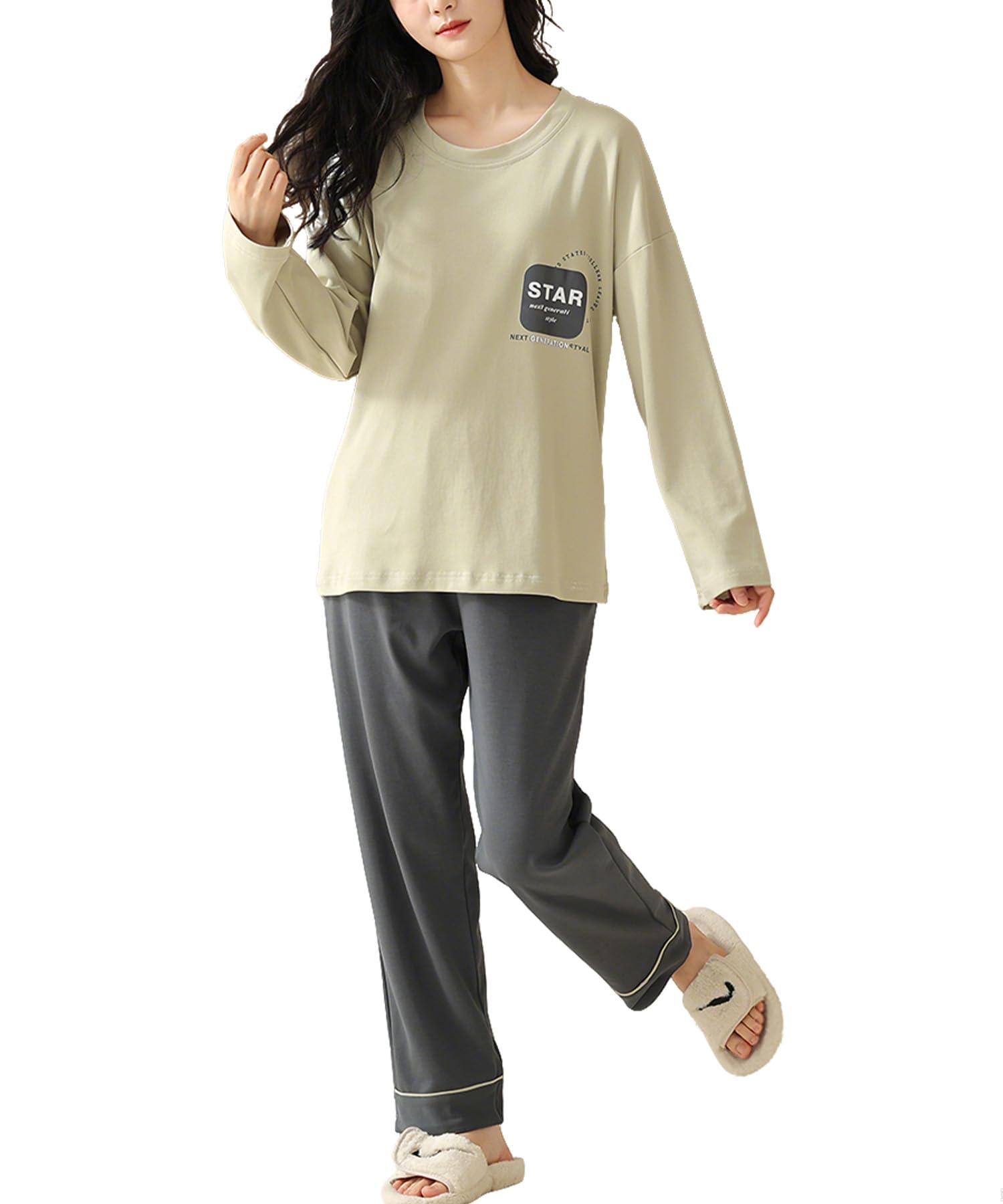 

PHOLEEY Long Sleeve Top and Bottom Loungewear for Spring and Star Logo Casual Loungewear Women s Pajamas, 100% Cotton, Set, Autumn, & Print,
