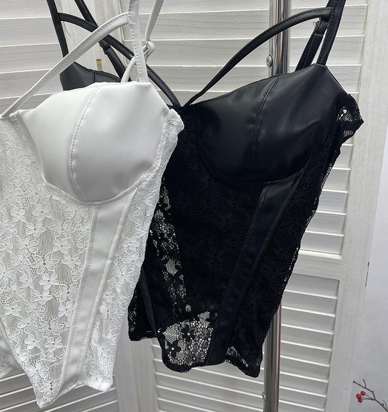American Spicy Girl Lace PU Leather Patchwork See-Through Camisole with Chest Pads and Shirred Back Top