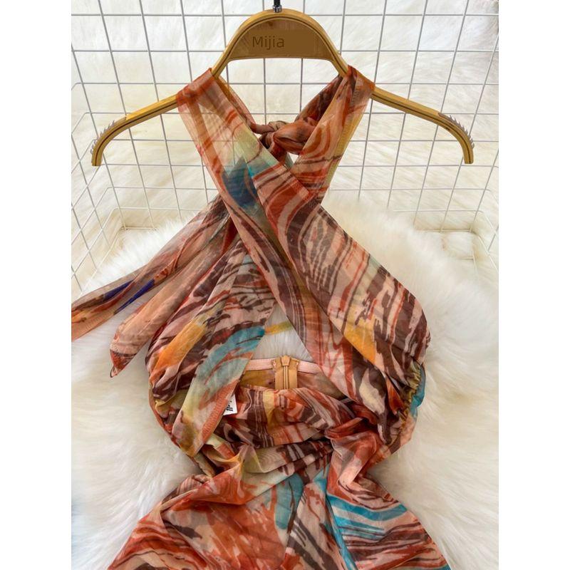 Socialite Blooming Print Backless Slit Dress Halterneck