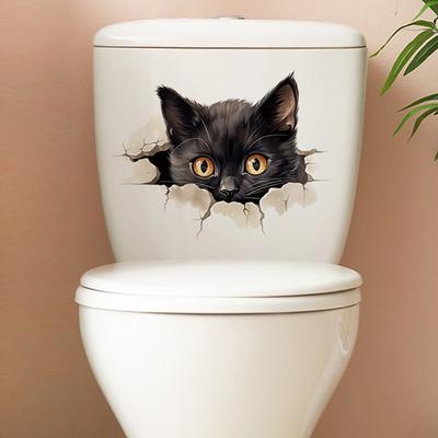 Funny 3D Kitten Toilet Seat Stickers Decals Waterproof Peel & Stick Restroom Animal Decals Decor For Bathroom Washroom