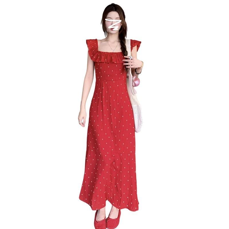 Xiaofei sleeve French polka dot red suspender dress children's summer new seaside vacation beautiful long dress